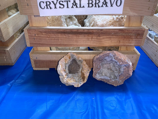 Crystalline Bravo geodes from Chihuahua, Mexico displayed at Earthforged's geode cracking station