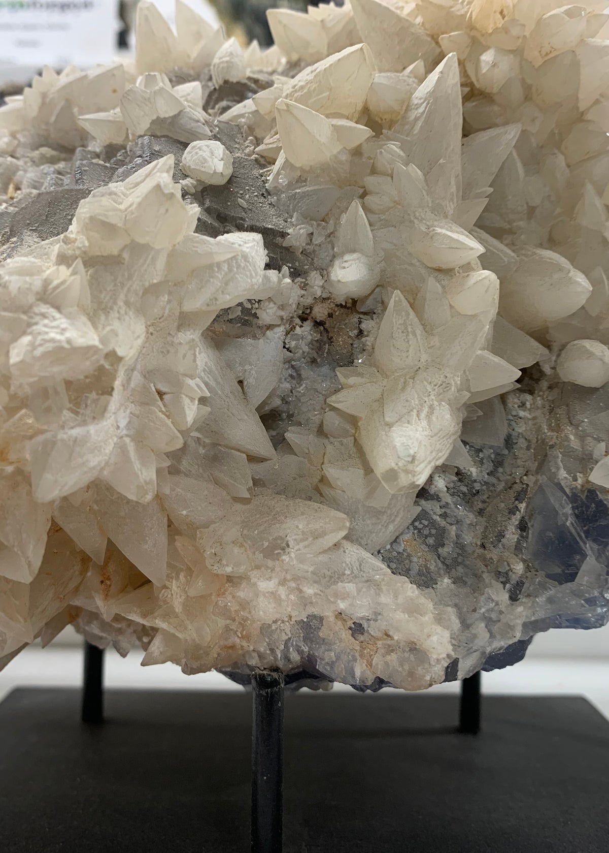 Large natural calcite on fluorite mineral specimen with pale crystal growth mounted on a black display stand at Earthforged Rock Shop.