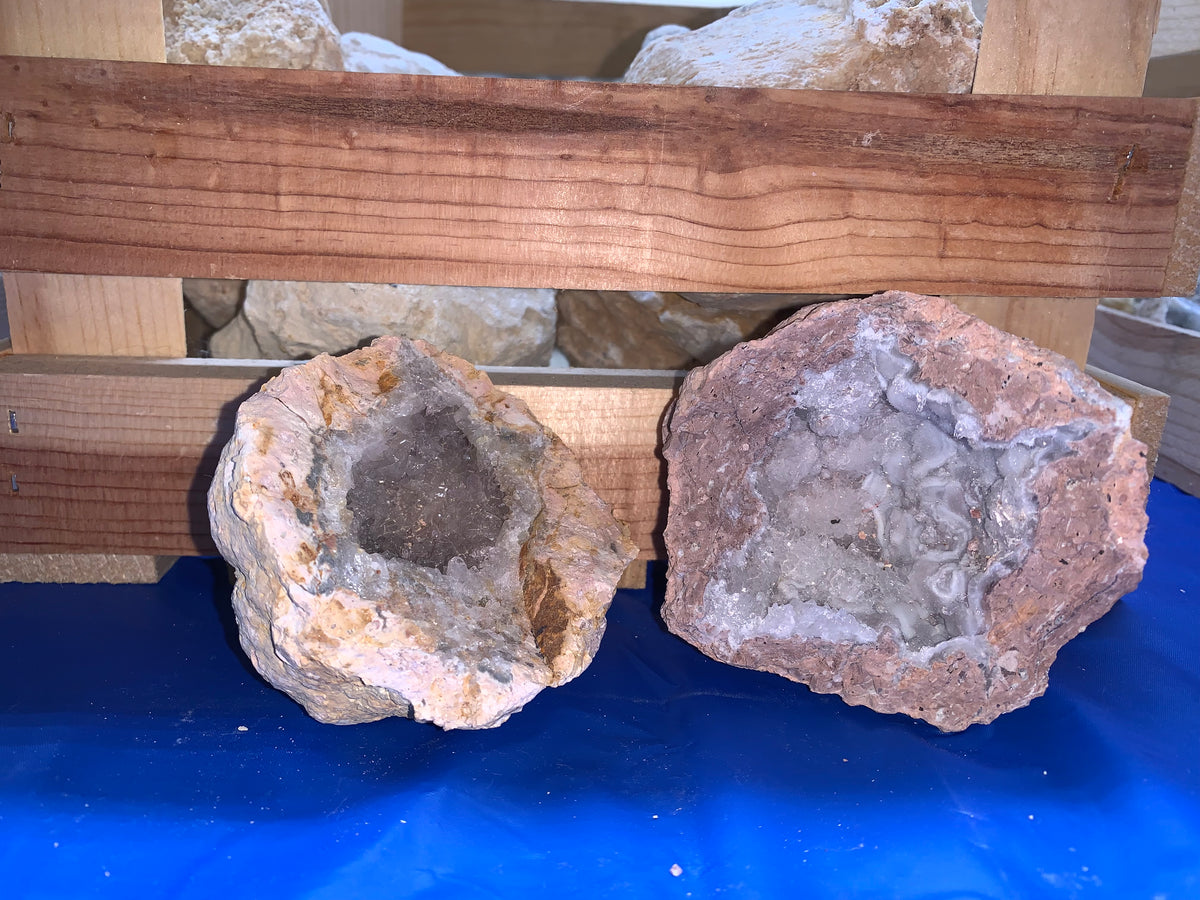 Crystalline Bravo geodes from Chihuahua, Mexico displayed at Earthforged's geode cracking station