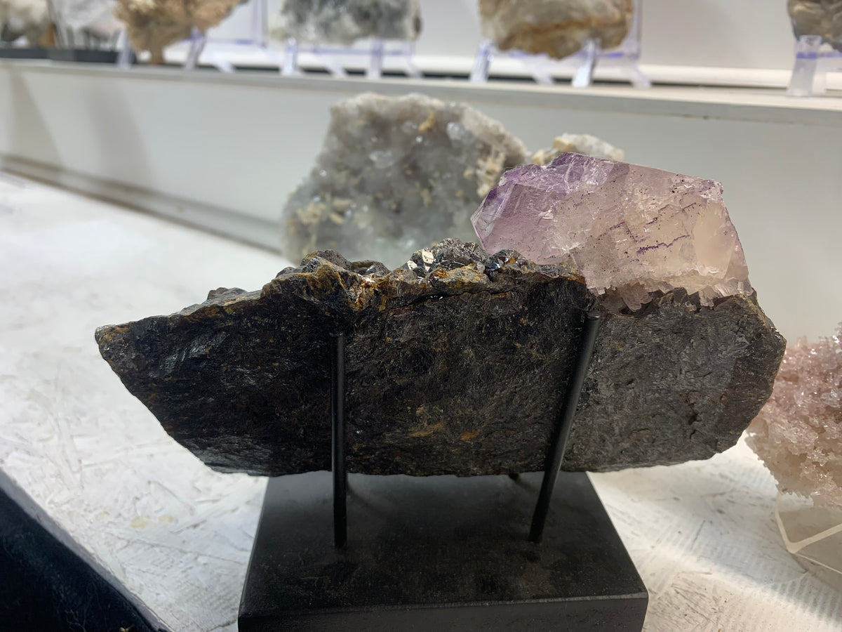 Back view of Elmwood Mine fluorite and sphalerite mineral specimen