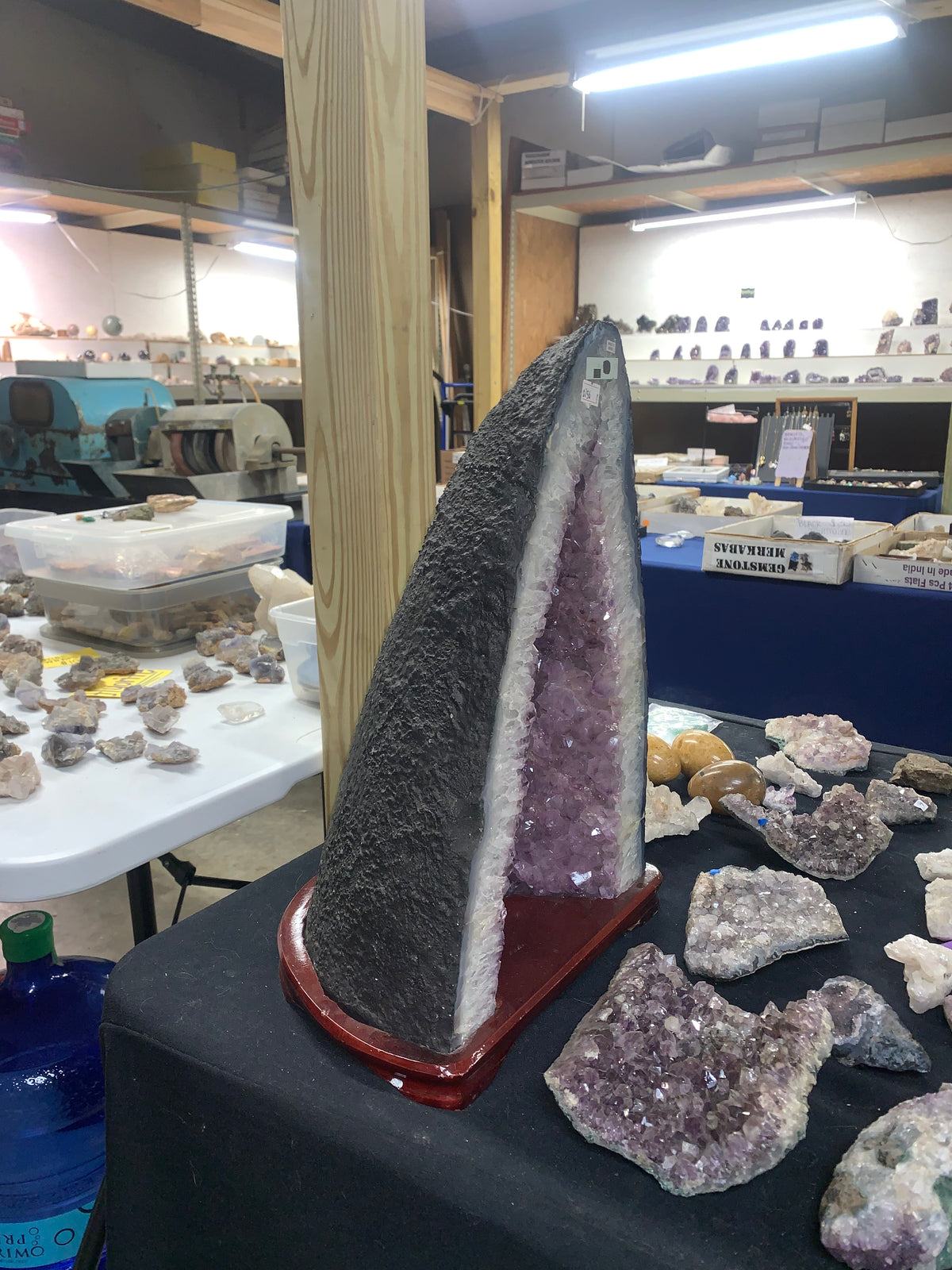 Side view of large purple amethyst cathedral geode