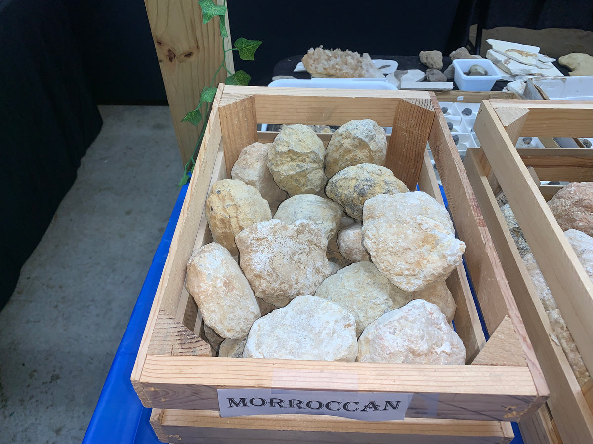 Selection of unopened Moroccan quartz geodes at the Earthforged geode station