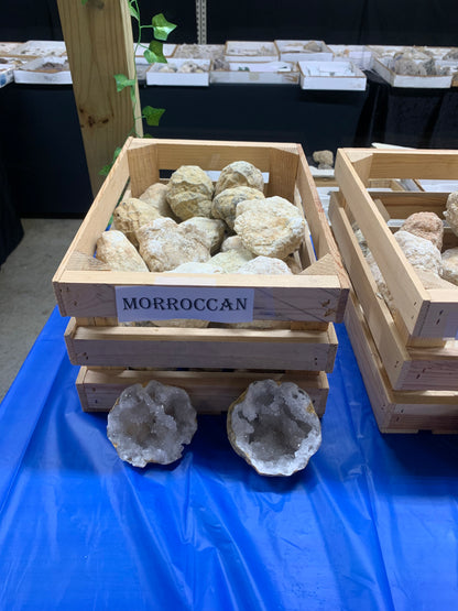 Natural Moroccan quartz geodes available for cracking at Earthforged