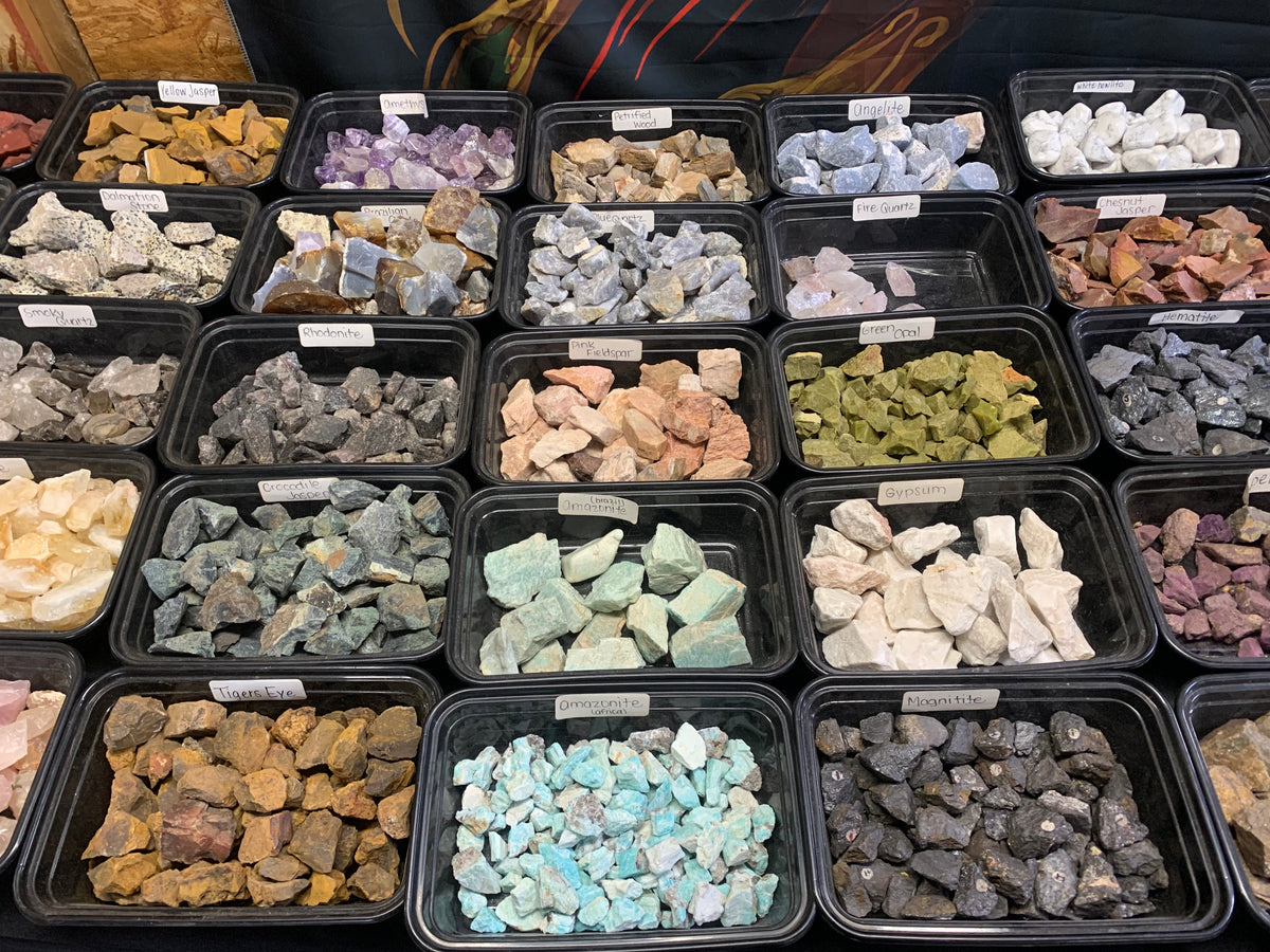 Selection of genuine raw gemstones and crystals in Earthforged's $3 stone collection.