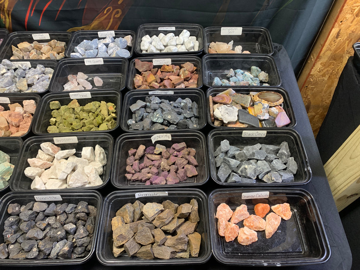 Assorted unpolished natural minerals and rough crystals available at Earthforged Rock Shop.