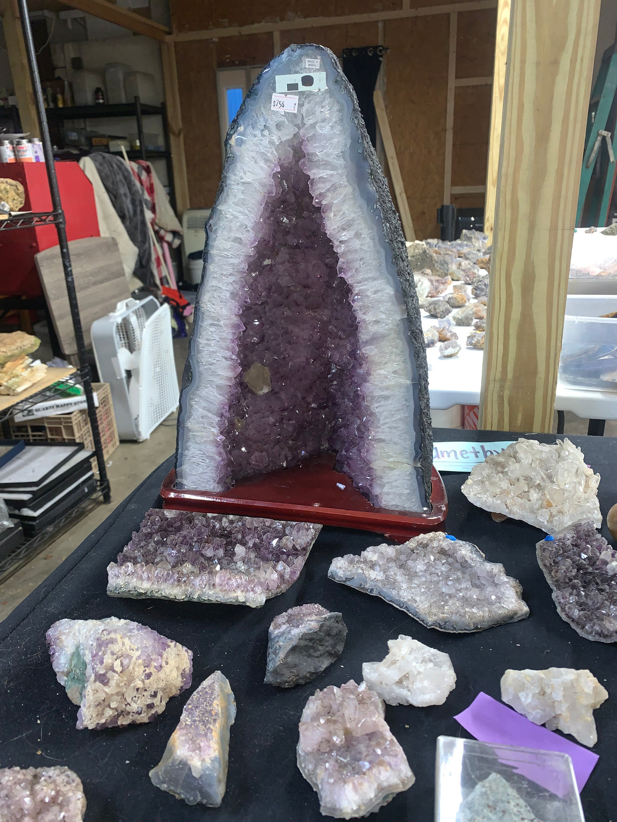 Full-height view of natural amethyst cathedral mineral specimen
