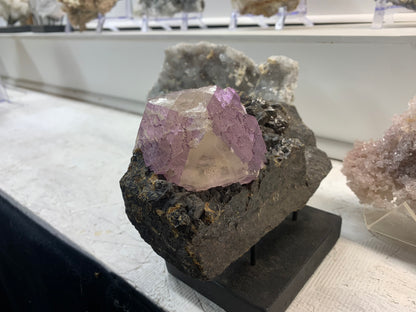 Mounted Elmwood Mine fluorite on sphalerite collector specimen