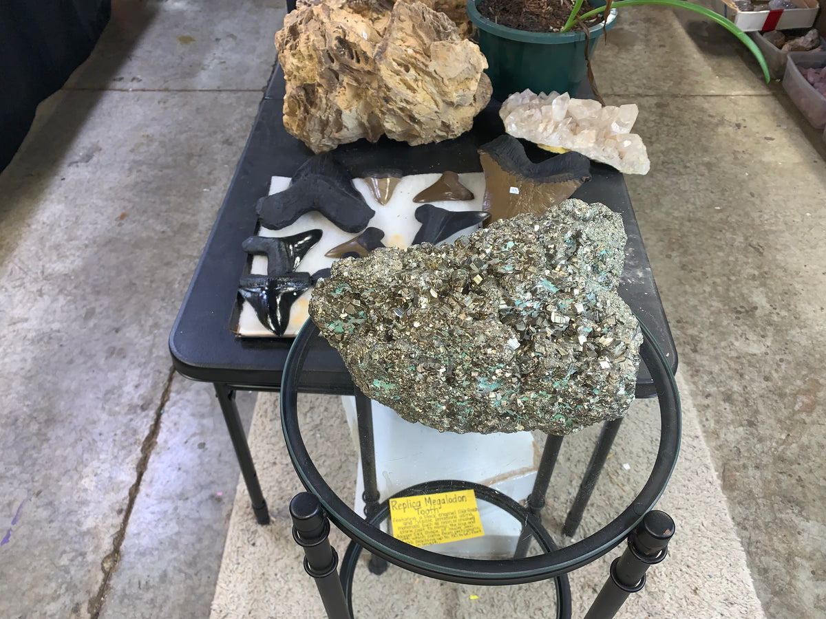 Large 20 lb natural pyrite collector specimen with metallic brassy-gold crystal formations at Earthforged Rock Shop.