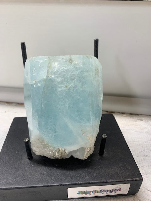 Large natural pale blue aquamarine crystal specimen displayed on black stand at Earthforged