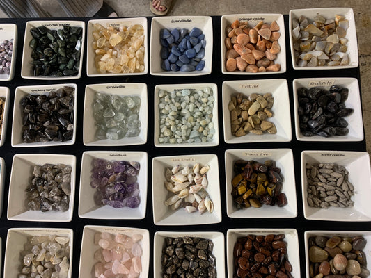 Assorted small tumbled aAssorted small natural stones, crystals, and gemstones in raw, tumbled, and polished forms at Earthforged Rock Shop.nd polished gemstones displayed in individual trays