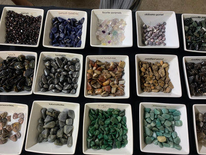 - Colorful assortment of small genuine gemstones, crystals, and mineral specimens at Earthforged Rock Shop.
